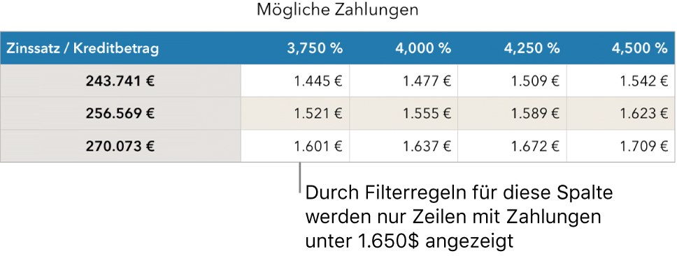 Eine Tabelle mit Ratenzahlungen nach dem Filtern für finanzierbare Tilgungsraten.