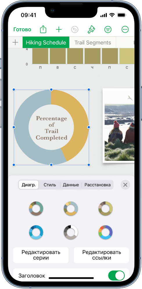 Круговая диаграмма, на которой показано процентное соотношение пройденных маршрутов. Открыто меню «Формат». В нем показаны различные стили диаграмм, из которых можно выбирать. Также отображаются параметры, позволяющие изменить ссылки на серию данных или на диаграмму и показать или скрыть заголовок диаграммы.