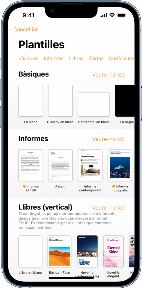 El selector de plantilles, amb una fila de categories a la part superior que pots tocar per filtrar les opcions. A sota hi ha miniatures de plantilles predissenyades ordenades en files per categoria: la primera, a la part superior, és Noves, seguida per Recents i Bàsiques. Es mostra el botó “Veure-ho tot” a la part superior i a la dreta de cada fila de categories.