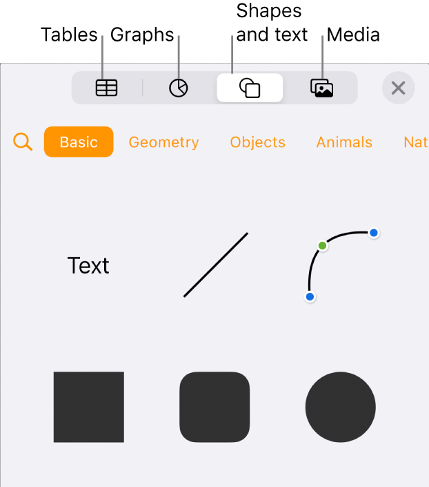 The Insert controls open with buttons for adding tables, charts, text, shapes and media at the top.