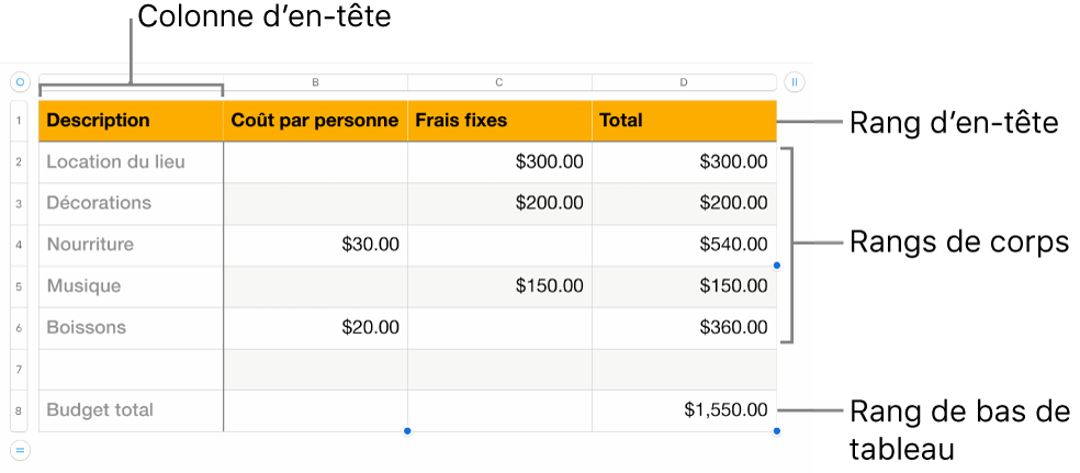 Tableau affichant des rangs et des colonnes d’en-tête, de corps et de bas de tableau.