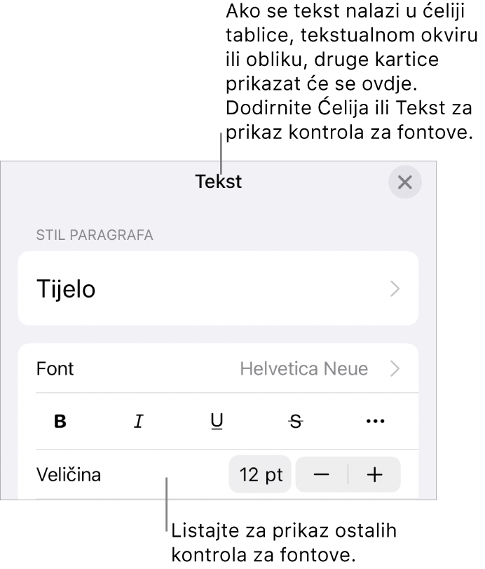 Kontrole teksta u izborniku Format za postavljanje paragrafa i stilova paragrafa, fonta, veličine i boje.