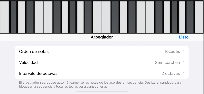 Controles del arpegiador del teclado