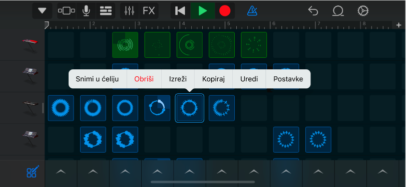 Slika. Live Loops rešetka s uključenim uređivanjem ćelija.