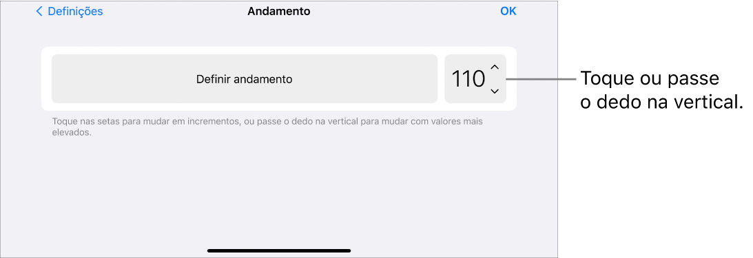 Controlos de andamento nas definições da música