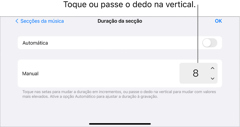 Controlos para alterar a duração de uma secção da música