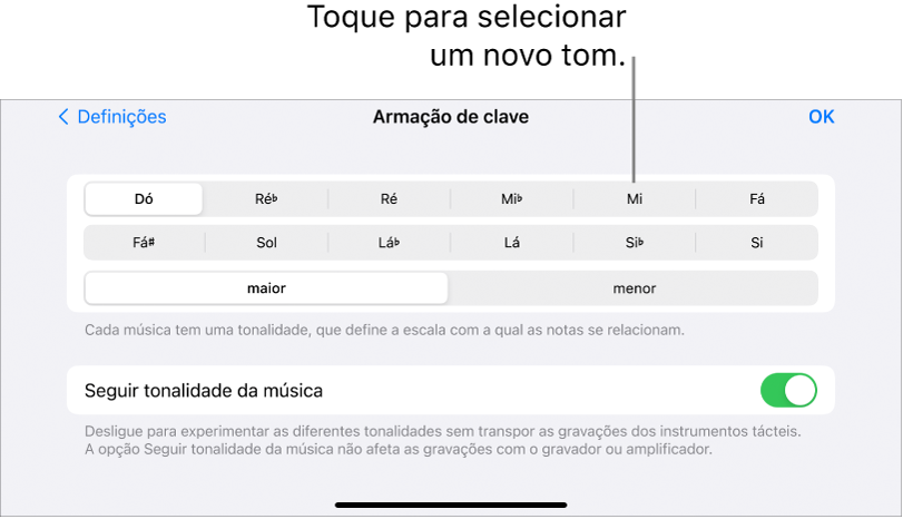 Controlos de tom nas definições da música