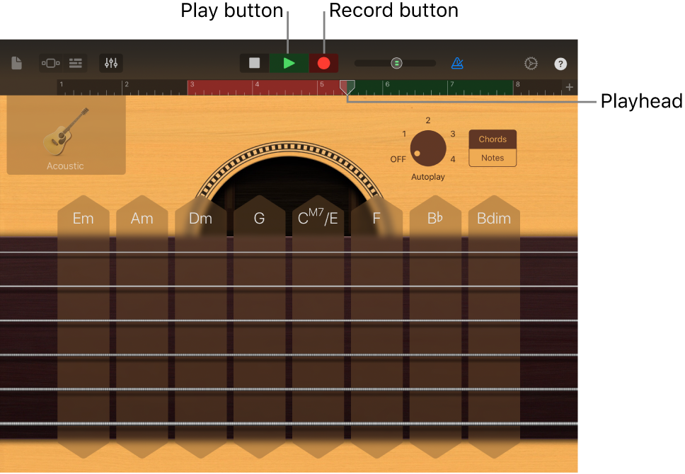 Record button and ruler showing recorded region