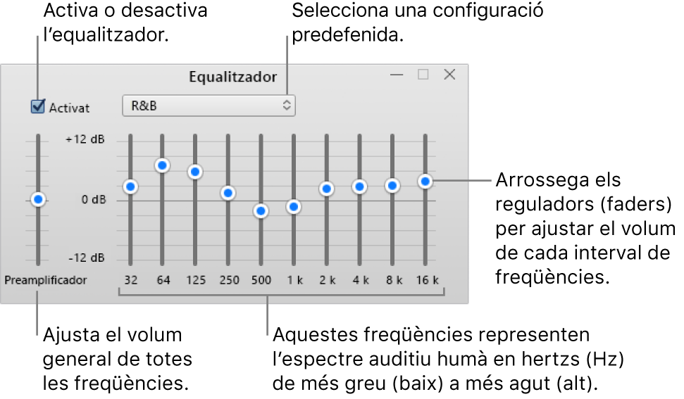 La finestra Equalitzador: la casella per activar l’equalitzador de l’iTunes està a la cantonada superior esquerra. Al seu costat hi ha el menú desplegable amb les preconfiguracions de l’equalitzador. A l’extrem esquerre, ajusta el volum general de les freqüències amb el preamplificador. A sota de les preconfiguracions de l’equalitzador, ajusta el volum dels diferents intervals de freqüència que representen l’espectre audible humà de més greu a més agut.