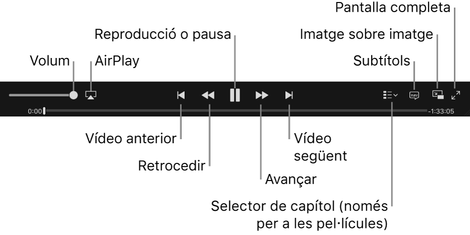 Controls de vídeo Volum, AirPlay, Vídeo anterior, Explorar enrere, Reproduir/Pausa, Explorar endavant, Vídeo següent, Selector de capítol (només pel·lícules), Subtítols, Imatge sobre imatge i Pantalla completa.