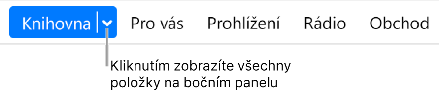 Tlačítko Knihovna na navigačním panelu zobrazující místní nabídku. Kliknutím na tlačítko získáte přístup ke všem položkám bočního panelu v případě, že boční panel skryjete.