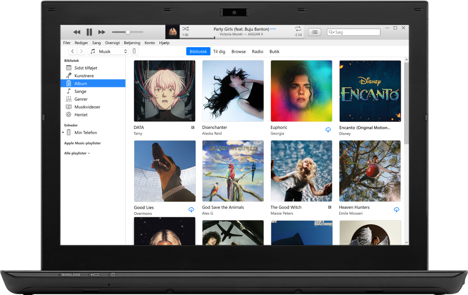 iTunes-vinduet med et bibliotek med flere album.