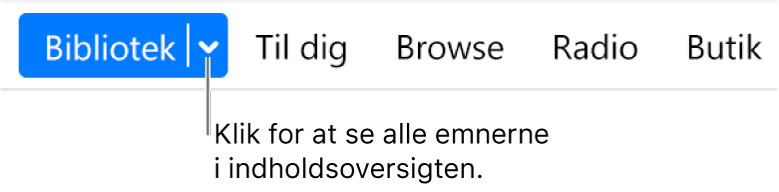 Knappen Bibliotek på navigationslinjen, som viser lokalmenuen. Klik på den for at få adgang til alle emnerne i indholdsoversigten, når du har skjult indholdsoversigten.