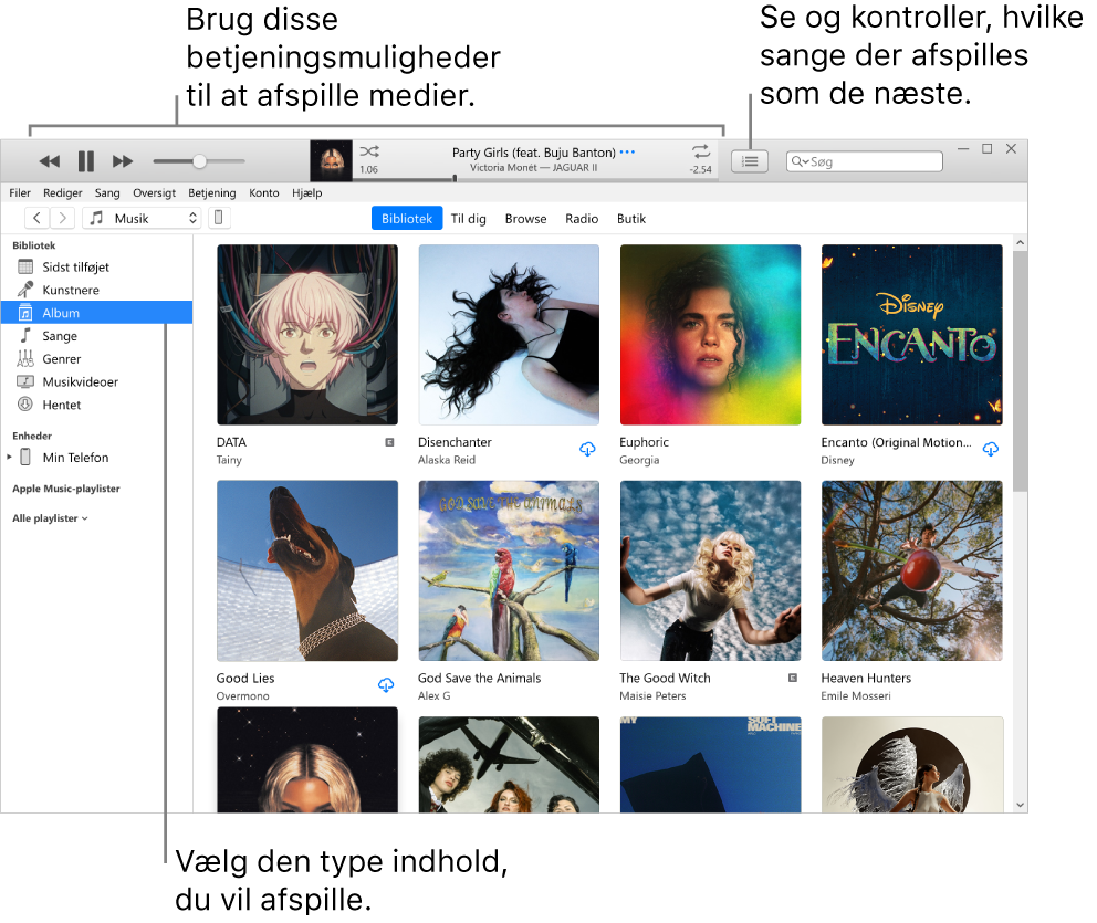 Hovedvinduet i iTunes-biblioteket: Vælg den type medier, du vil afspille (f.eks. Musik), i navigatoren. Brug betjeningsmulighederne på banneret øverst til at afspille dine medier, og brug lokalmenuen Kø til højre til at se dit bibliotek på forskellige måder.