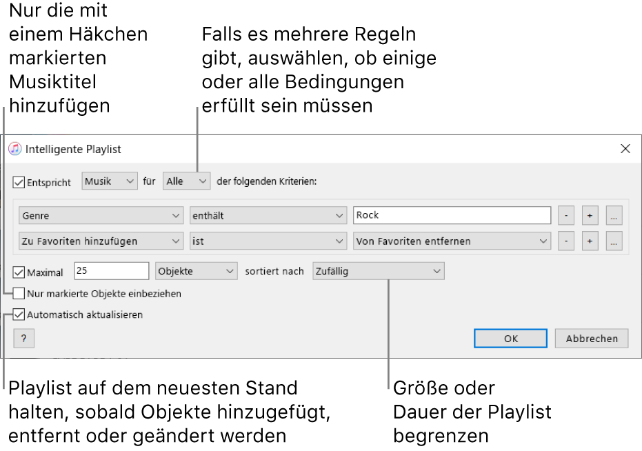 Das Fenster „Intelligente Playlist“: Wähle oben links „Enthält“ und gib die Kriterien für die Playlist an (etwa Genre oder Favorit). Du kannst weitere Regeln hinzufügen oder entfernen. Wenn es mehr als eine Regel gibt, wähle aus, ob alle oder nur bestimmte Bedingungen erfüllt sein müssen. Im unteren Bereich des Fensters kannst du verschiedene Optionen auswählen, um z. B. die Größe oder Dauer der Playlist zu beschränken, um nur solche Titel aufzunehmen, die markiert sind, oder um iTunes die Playlist ändern zu lassen, wenn sich Objekte in deiner Mediathek ändern.