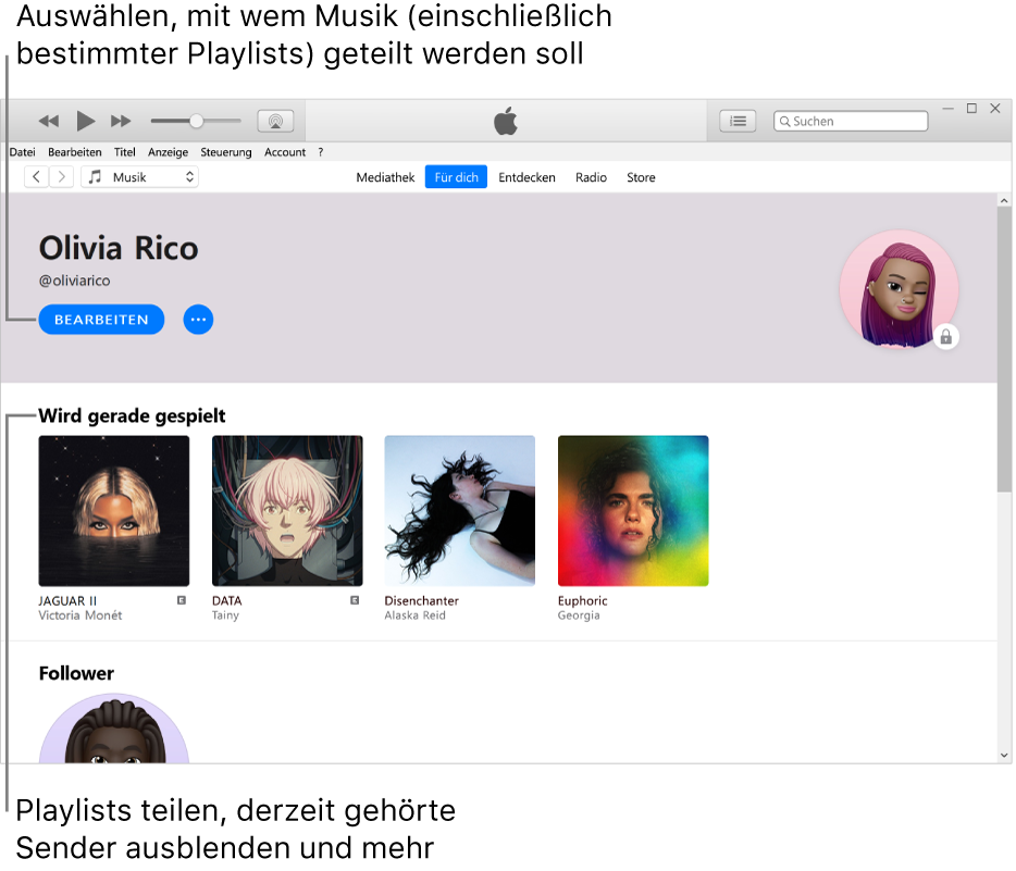 Die Profilseite in Apple Music: Klicke oben links unter deinem Namen auf „Bearbeiten“ und lege fest, mit wem du Musik teilen möchtest. Unter „Hört gerade“ werden alle Alben angezeigt, die du dir anhörst, und du kannst auf ein Objekt klicken, um es für deine Follower:innen auszublenden, es zu teilen und mehr.