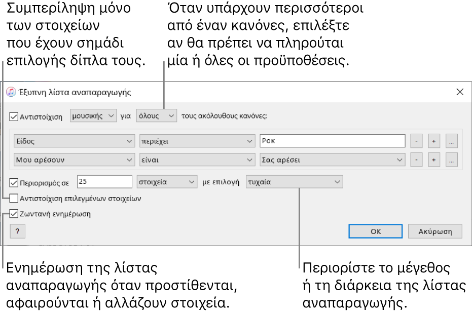 Το παράθυρο Έξυπνης λίστας αναπαραγωγής: Στην πάνω αριστερή γωνία, επιλέξτε «Αντιστοίχιση» και μετά καθορίστε τα κριτήρια λίστας αναπαραγωγής (π.χ. είδος ή μου αρέσει). Συνεχίστε να προσθέτετε ή να αφαιρείτε κανόνες: όποτε υπάρχουν περισσότεροι από ένας κανόνες, επιλέξτε αν θα πρέπει να πληρούνται όλες οι συνθήκες ή κάποια από αυτές. Επιλέξτε διάφορες ρυθμίσεις στο κάτω τμήμα του παραθύρου, όπως περιορισμός του μεγέθους ή της διάρκειας της λίστας αναπαραγωγής συμπεριλαμβανομένων μόνο των επιλεγμένων τραγουδιών, ή ρύθμιση του iTunes ώστε να ενημερώνει τη λίστα αναπαραγωγής όταν αλλάζουν στοιχεία στη βιβλιοθήκη σας.