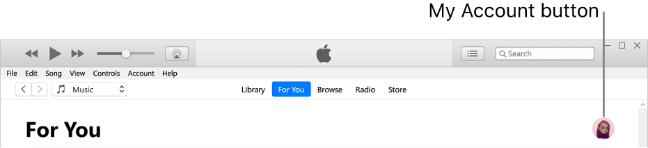 The For You page in Apple Music: In the top-right corner is the My Account button.