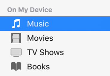 The On My Device section of the sidebar showing Music selected.