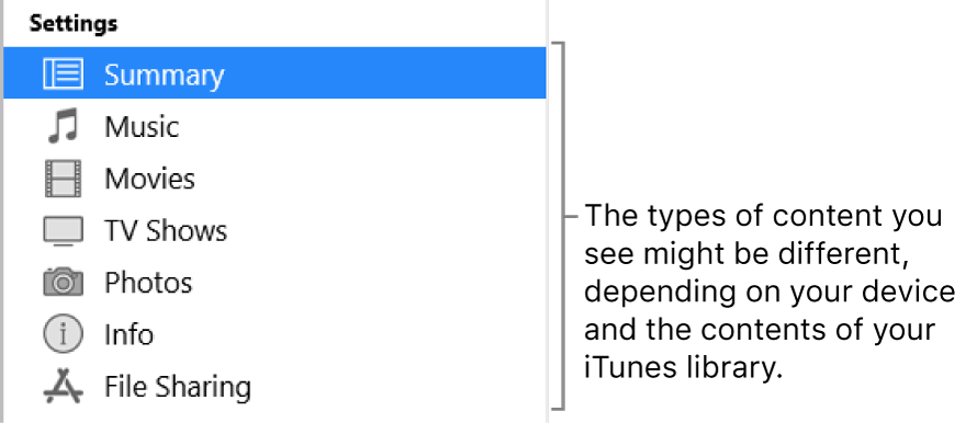 Summary is selected in the sidebar. The types of content that appear might vary, depending on your device and the contents of your iTunes library.