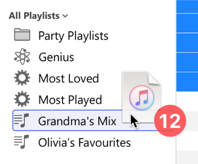 An album being dragged to a playlist. The playlist is highlighted with a blue rectangle.