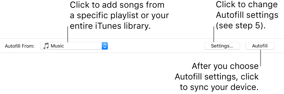 The Autofill options at the bottom of the Music pane. At the far left is the Autofill From pop-up menu, where you choose whether to add songs from a playlist or from your entire library. On the far right are two buttons—Settings, to change various Autofill options, and Autofill. When you click Autofill, your device fills with the songs fitting the criteria.