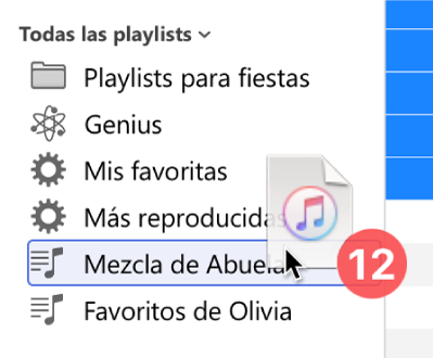 Un álbum que se está arrastrando hasta una playlist. La playlist está resaltada con un rectángulo azul.