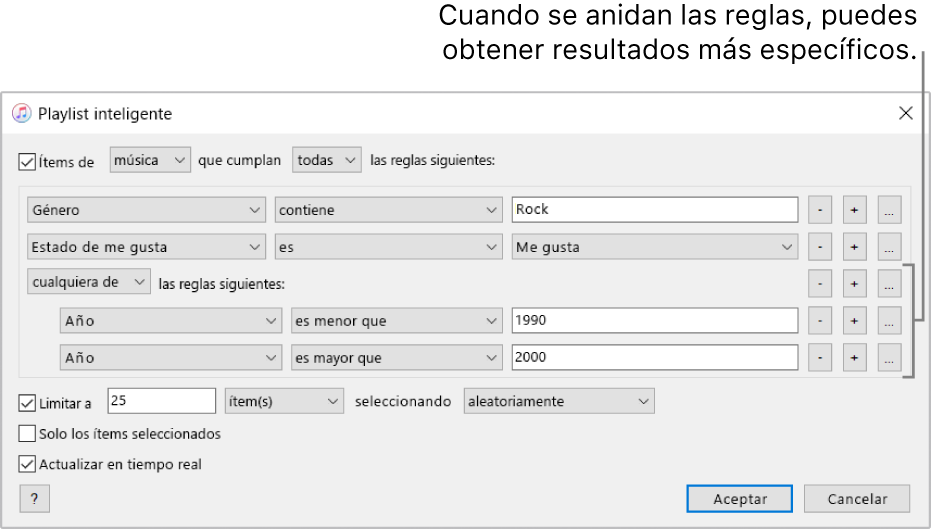 La ventana de “playlist inteligente”: Usa el botón de anidar de la derecha para crear reglas adicionales anidadas y obtener resultados más específicos.