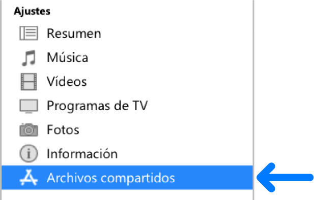 En los Ajustes del dispositivo, haz clic en “Archivos compartidos” para transferir archivos entre el equipo y el dispositivo.