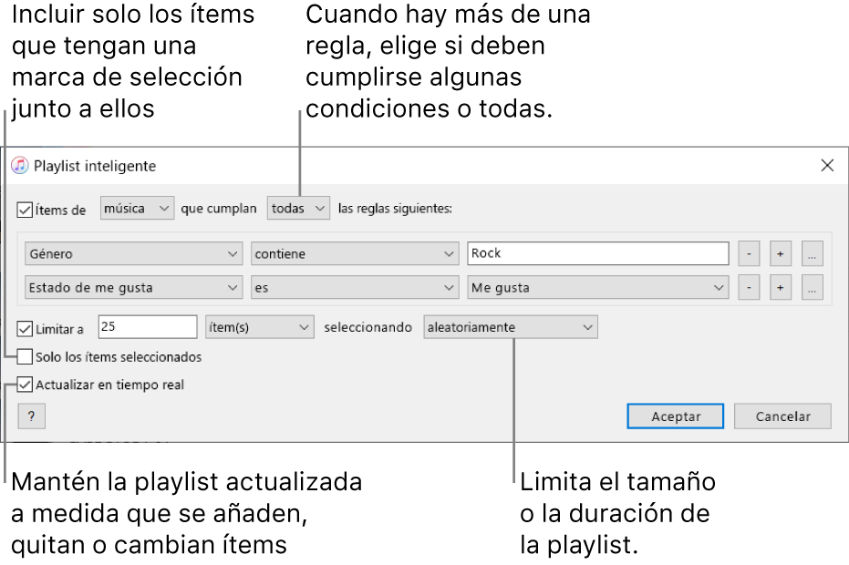 La ventana de “playlist inteligente”: En la esquina superior derecha, selecciona “Ítems de” y especifica los criterios de la playlist (como Género o “Estado de me gusta”). Sigue añadiendo o eliminando reglas; si hay más de una, elige si se tienen que cumplir todas o cualquiera de ellas. Selecciona varias opciones en la parte inferior de la ventana, como limitar el tamaño o la duración de la playlist, incluir solo canciones seleccionadas o hacer que iTunes actualice la playlist a medida que cambian los ítems de la biblioteca.