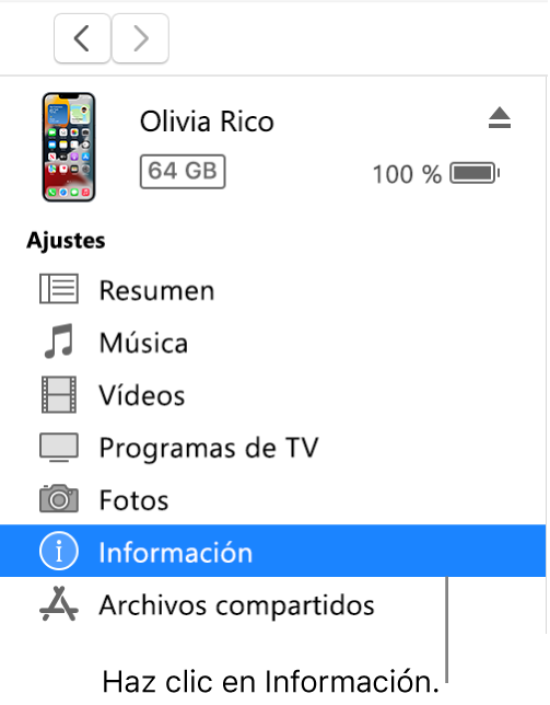 La ventana del dispositivo con la opción Información seleccionada en la barra lateral.