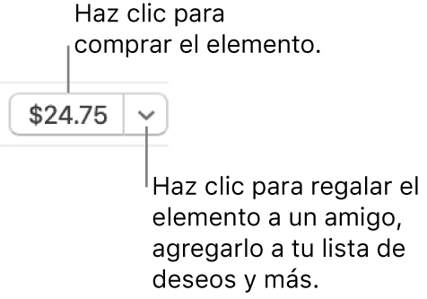 Un botón que indica un precio. Haz clic en el precio para comprar el elemento. Haz clic en la flecha para enviar el elemento como regalo a un amigo, agregarlo a tu lista de deseos y más.