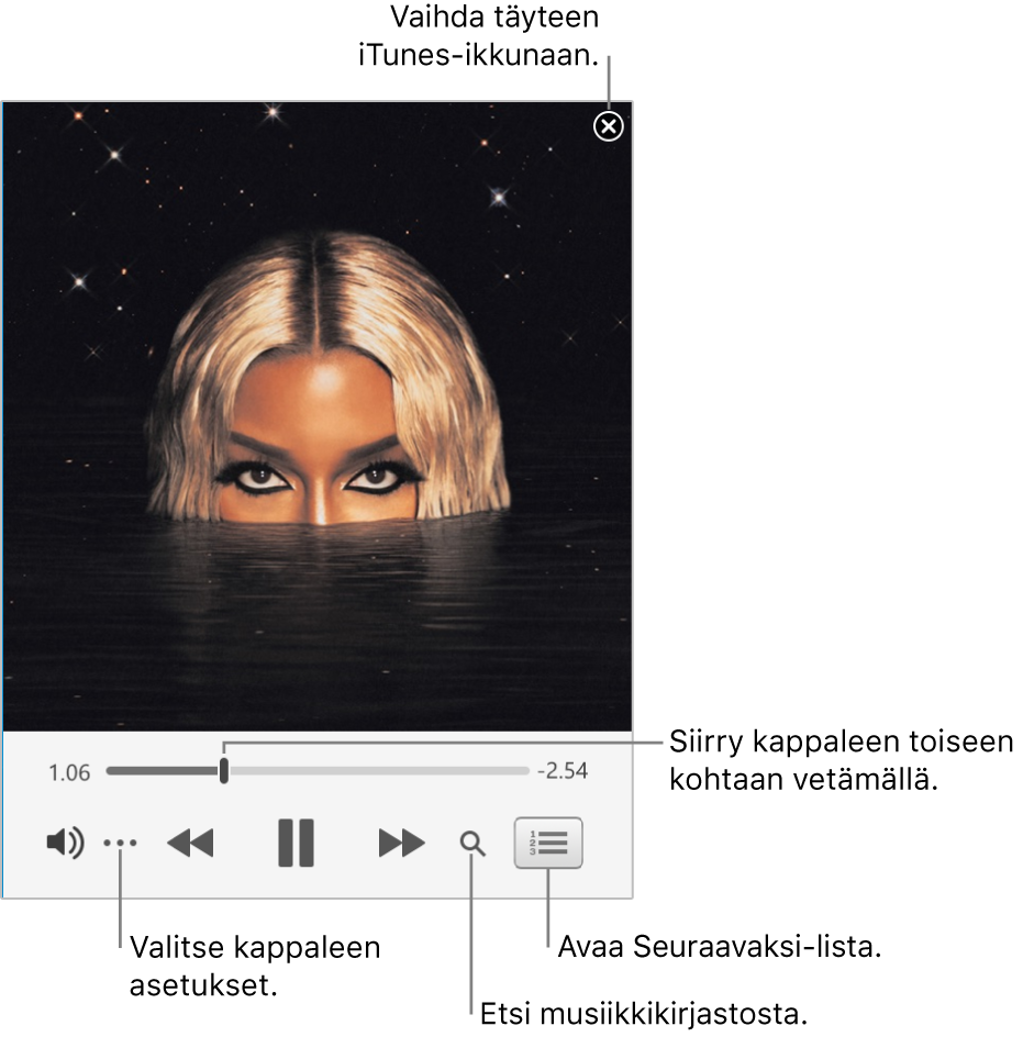 Laajennettu minisoitin, jossa näkyvät toistettavan kappaleen säätimet. Oikeassa yläkulmassa on sulkemispainike, jolla saat tuotua esiin täysikokoisen iTunes-ikkunan. Ikkunan alalaidassa on liukusäädin, josta vetämällä voit siirtyä eri kohtaan kappaletta. Vasemmalla liukusäätimen alapuolella on Lisää-painike, josta voit valita toistettavan kappaleen näkymävalintoja ja muita asetuksia. Oikealla liukusäätimen alapuolella on kaksi painiketta: suurennuslasi, jolla haetaan sisältöä musiikkikirjastosta, ja Seuraavaksi-lista, joka näyttää seuraavaksi toistettavat kappaleet.