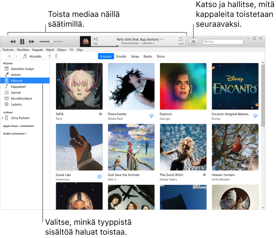 iTunes-kirjaston pääikkuna: Valitse selauspalkista toistettavan median tyyppi (esimerkiksi Musiikki). Voit toistaa mediaa näytön yläosan säätimillä ja tarkastella kirjastoa eri tavoin oikeanpuoleisesta Seuraavaksi-ponnahdusvalikosta.