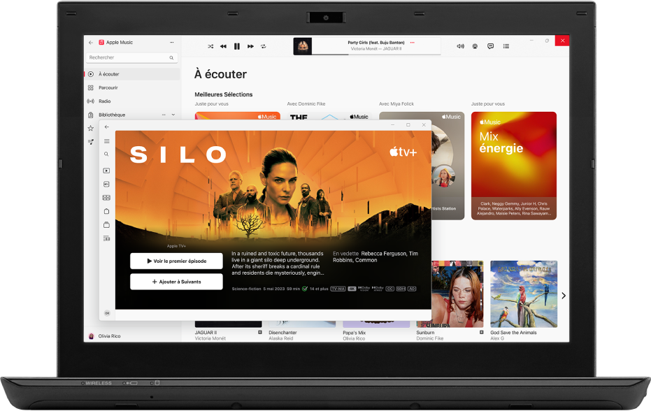 Apps Apple TV et Apple Music ouvertes sur un PC.