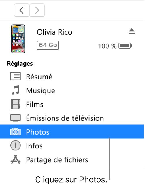 La fenêtre Appareil et l’option Photos sélectionnée dans la barre latérale.