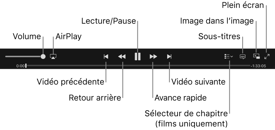 Commandes vidéo : volume, AirPlay, vidéo précédente, retour, lecture/pause, avance, vidéo suivante, sélecteur de chapitre (pour les films uniquement), sous-titres, Image dans l’image et plein écran.