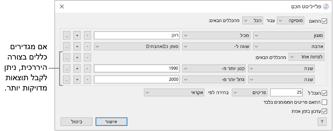 חלון הרשימה החכמה: לחץ על לחצן ההיררכיה מימין כדי ליצור כללים נוספים בתוך כלל על מנת לקבל תוצאות ספציפיות יותר.