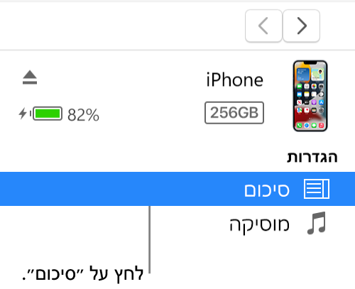 החלון ״מכשיר״ עם האפשרות ״סיכום״ נבחרת בסרגל הצד.