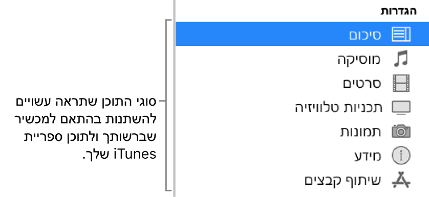 האפשרות ״סיכום״ נבחרת בסרגל הצד. סוגי התוכן שמופיעים עשויים להיות שונים מזה מזה, תלוי במכשיר ובתוכן שיש לך בספריית iTunes.