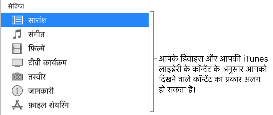 साइडबार में सारांश चुना जाता है। आपके डिवाइस और आपकी iTunes लाइब्रेरी के कॉन्टेंट के आधार पर दिखाई पड़ने वाले कॉन्टेंट के प्रकार भिन्न-भिन्न हो सकते हैं।