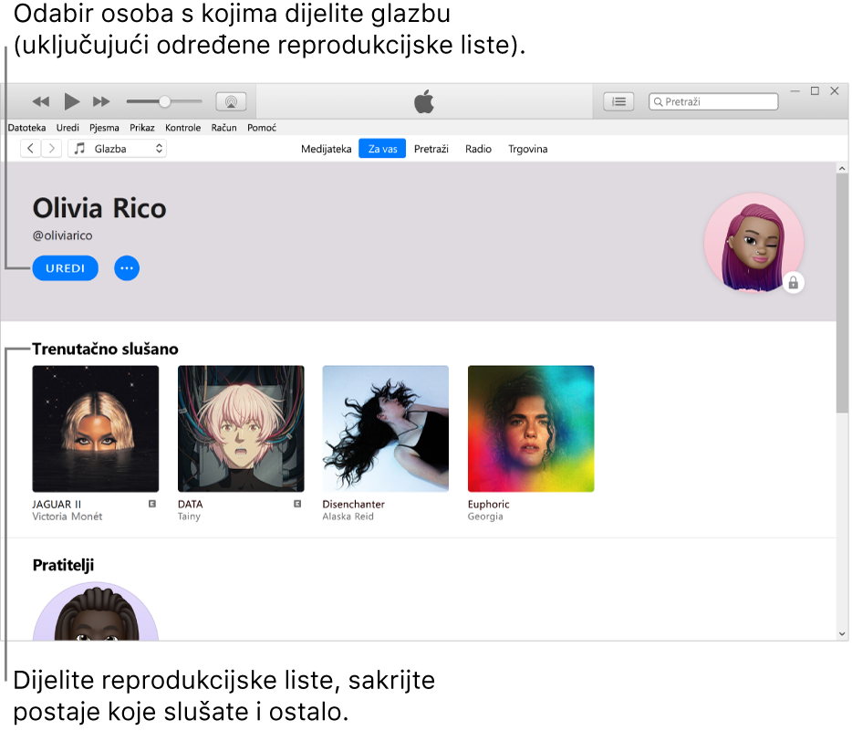 Stranica profila na usluzi Apple Music: U gornjem lijevom kutu ispod svog imena odaberite Uredi za odabir osoba s kojima želite dijeliti glazbu. Ispod naslova Popis slušanja nalaze se svi albumi koje slušate te možete kliknuti desnom tipkom na stavku kako biste je sakrili od svojih pratitelja, podijelili i ostalo.