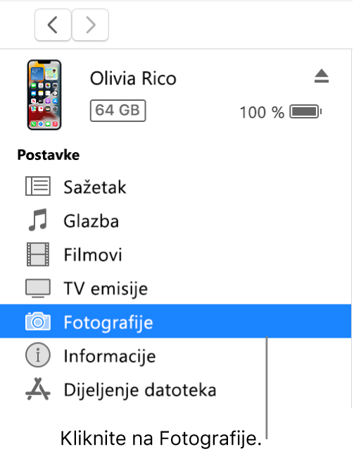 Prozor Uređaj s odabranom opcijom Fotografije u rubnom stupcu.