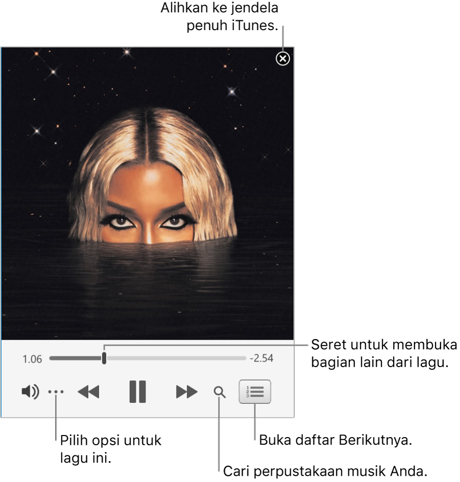 MiniPlayer yang diperluas menampilkan kontrol untuk lagu yang sedang diputar. Di pojok kanan atas adalah tombol tutup, digunakan untuk beralih ke jendela iTunes penuh. Di bagian bawah jendela adalah penggeser yang dapat Anda seret untuk membuka bagian lagu yang berbeda. Di bawah penggeser pada sisi kiri adalah tombol Lainnya, tempat Anda dapat memilih pilihan tampilan dan pilihan lain untuk lagu yang sedang diputar. Di sisi terluar sebelah kanan di bawah penggeser terdapat dua tombol—kaca pembesar untuk mencari perpustakaan musik dan daftar Berikutnya untuk melihat yang diputar berikutnya.