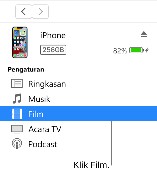 Tombol Perangkat, dengan Film dipilih di bar samping.