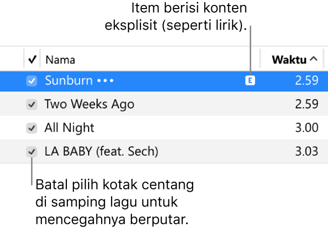 Detail tampilan Lagu di musik, menampilkan kotak centang di sebelah kiri dan simbol eksplisit untuk lagu pertama (menandakan lagu memiliki konten eksplisit seperti lirik). Batalkan pilihan kotak centang di samping lagu untuk mencegahnya diputar.