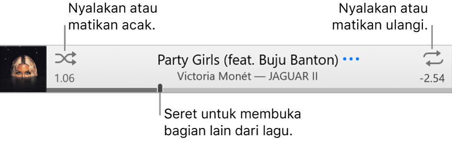 Spanduk dengan lagu yang sedang diputar. Tombol Acak berada di pojok kiri atas; tombol Ulangi berada di pojok kanan atas. Seret penggeser untuk membuka bagian lain dari lagu.