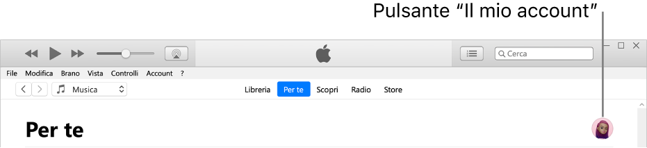 La pagina “Per te” su Apple Music: nell’angolo superiore destro trovi il pulsante del tuo account.