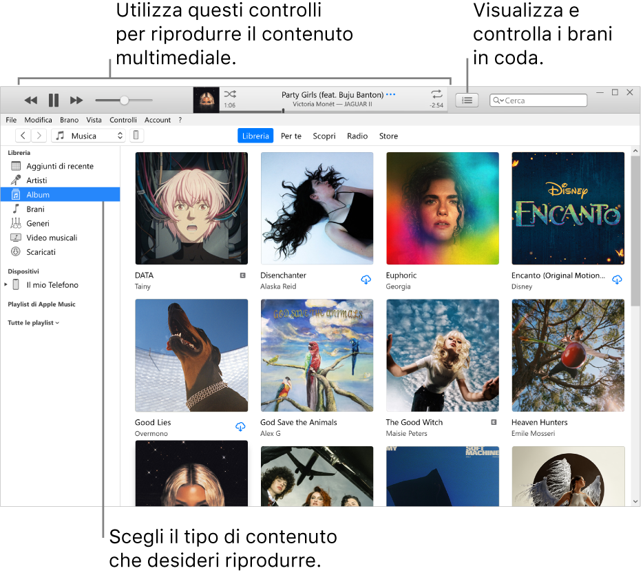 Finestra principale della libreria iTunes: Nella barra di navigazione, scegli il tipo di file multimediale da riprodurre, ad esempio Musica. Utilizza i controlli del banner nella parte superiore per riprodurre il file multimediale e usa il menu di scelta rapida “In coda” sulla destra per visualizzare la libreria in modi diversi.