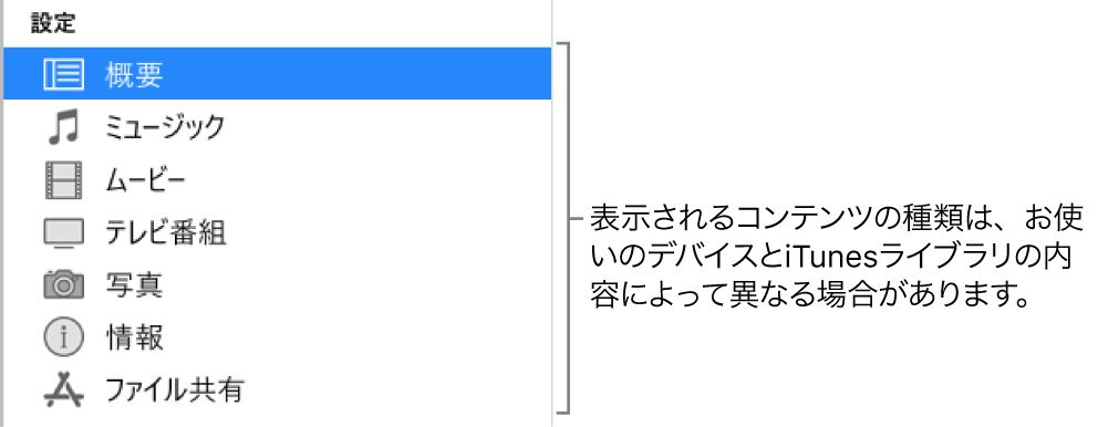 サイドバーで「概要」が選択されています。表示されるコンテンツの種類は、デバイスおよびiTunesライブラリのコンテンツによって異なる場合があります。